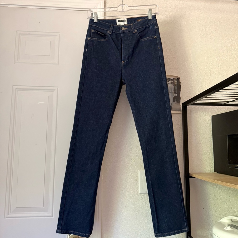 ROUJE odeon dark blue cotton denim skinny slim high rise button fly jeans